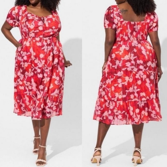 🆕 Torrid PLUS 0X 0 XL Red Orange Floral Flowy Midi Dress NEW NWT Pockets - Picture 1 of 5